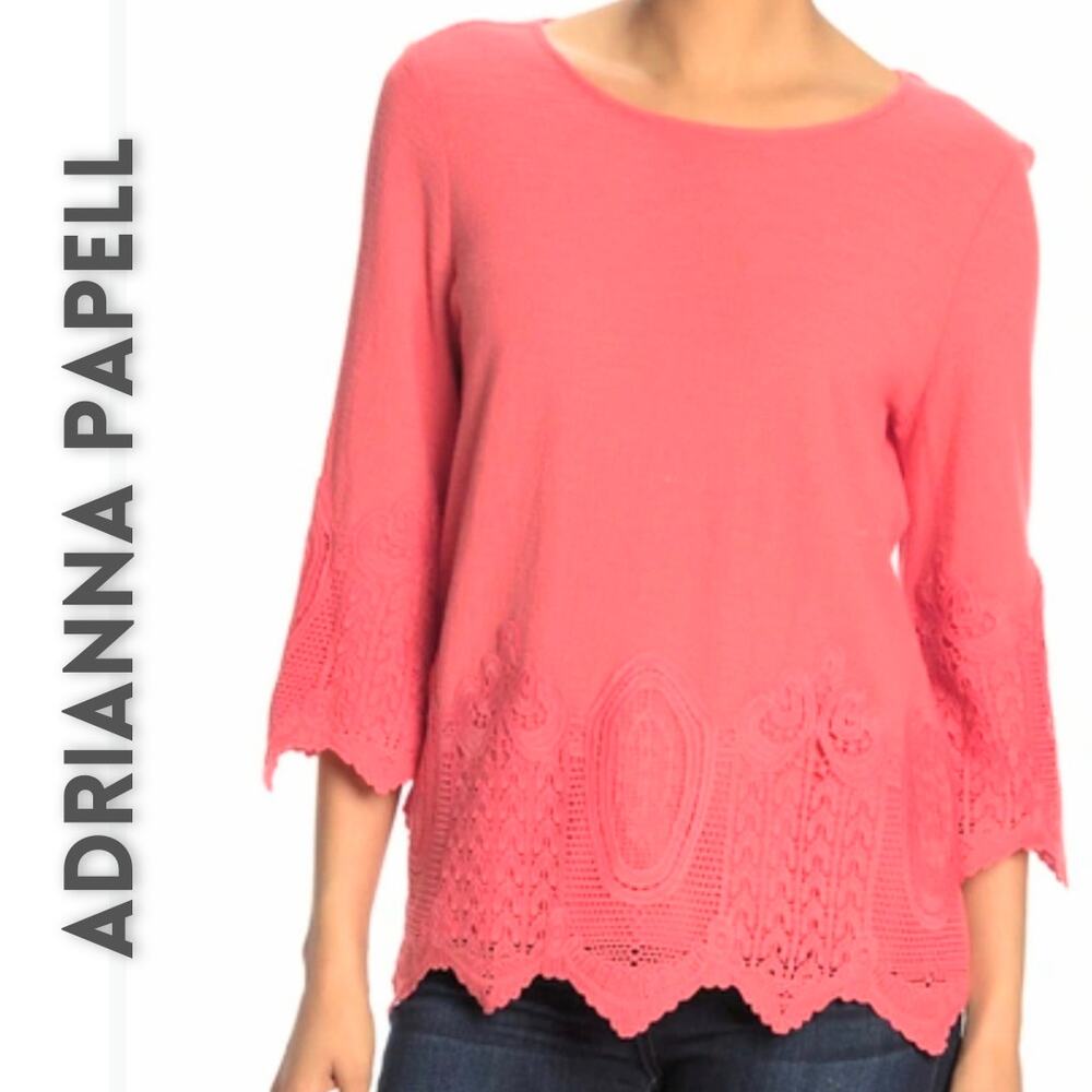Adrianna Papell Top Blouse Small Sugar Coral Cotton Crochet Trim Gauzy Crepe
